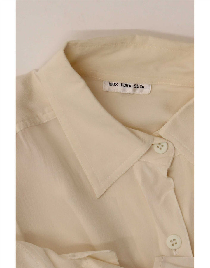 Camicetta camicia vintage da donna UK 12 seta media bianco sporco