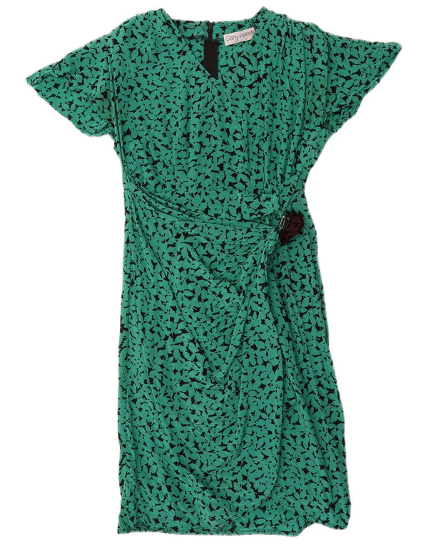 Abito a trapezio vintage da donna con motivo astratto UK 16 grande seta verde