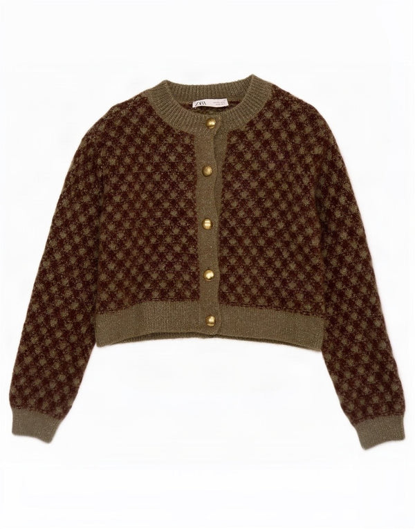 Maglione cardigan corto da donna Zara UK 10 piccolo acrilico geometrico kaki