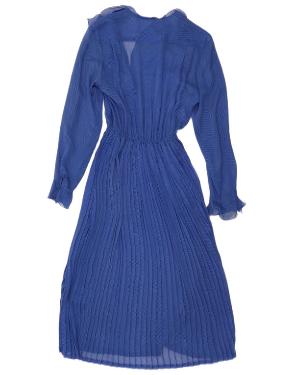 Abito lungo da donna vintage a maniche lunghe UK 12 blu medio maculato