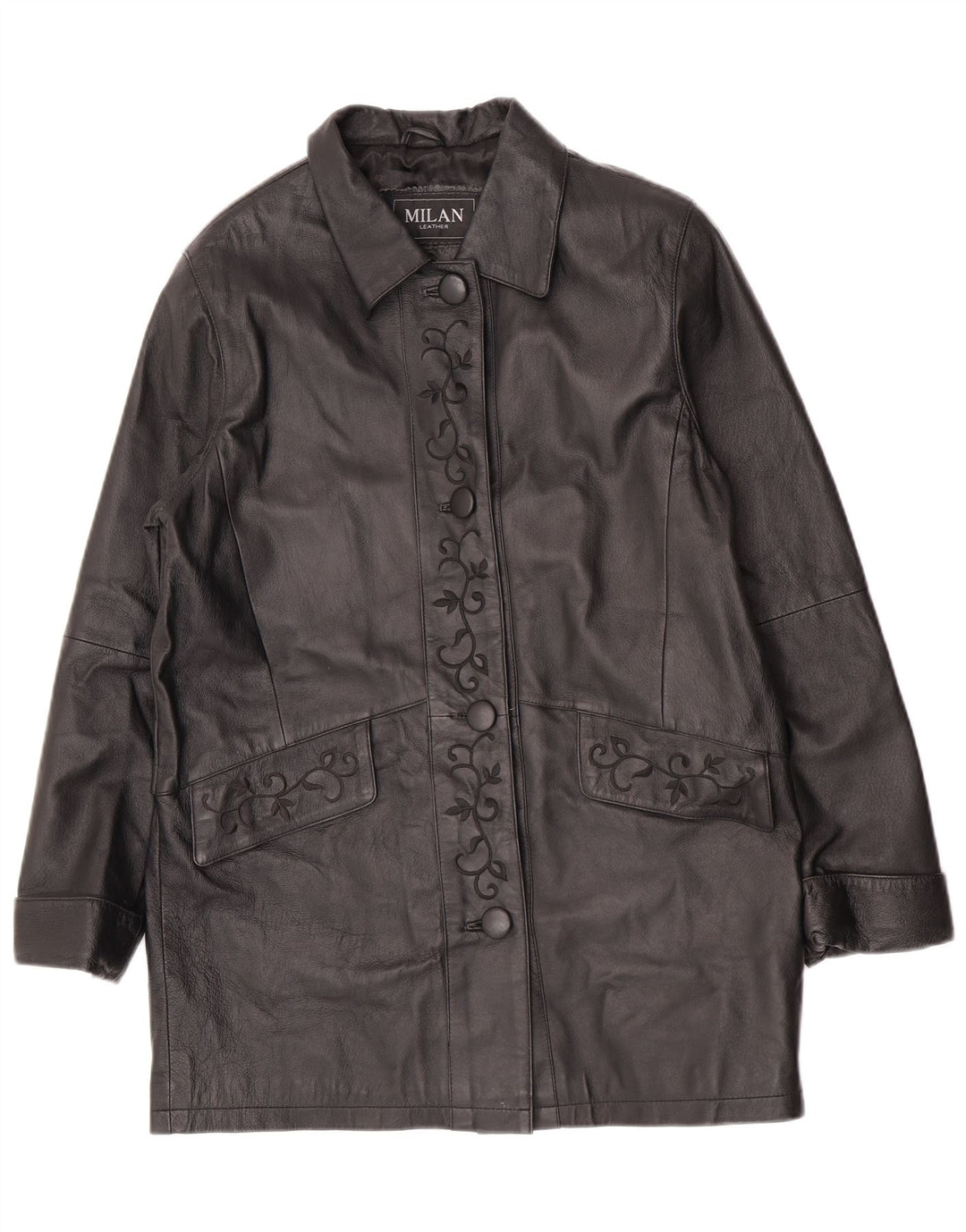 Cappotto in pelle da donna vintage US 12 grande pelle floreale nera