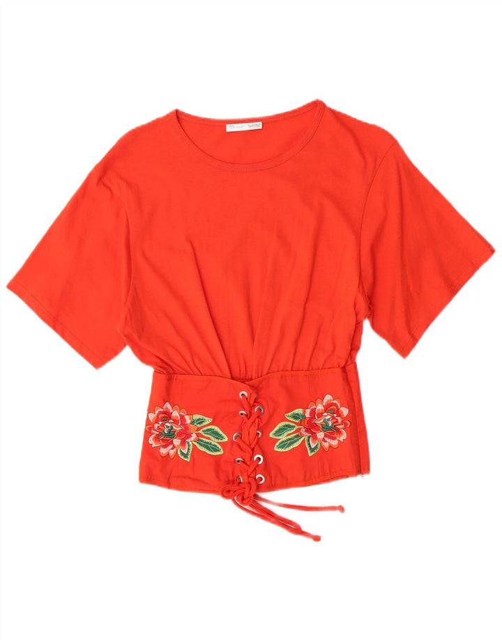 ZARA Camicetta Corta da Donna Top UK 8 Piccolo Arancione Floreale