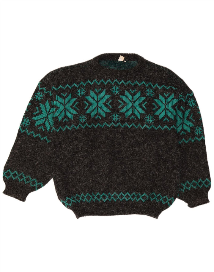 Maglione vintage da uomo con scollo a barca, grande lana Fair Isle grigia