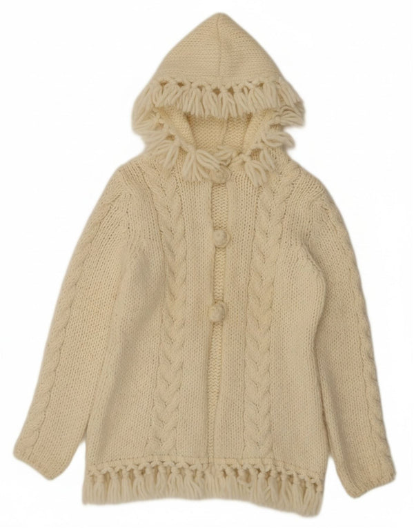 Maglione cardigan con cappuccio da donna vintage UK 10 piccolo lana bianco sporco