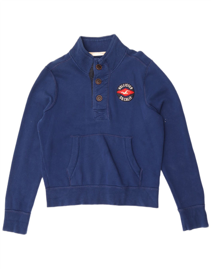Felpa Hollister da uomo con collo abbottonato, maglione grande, cotone blu