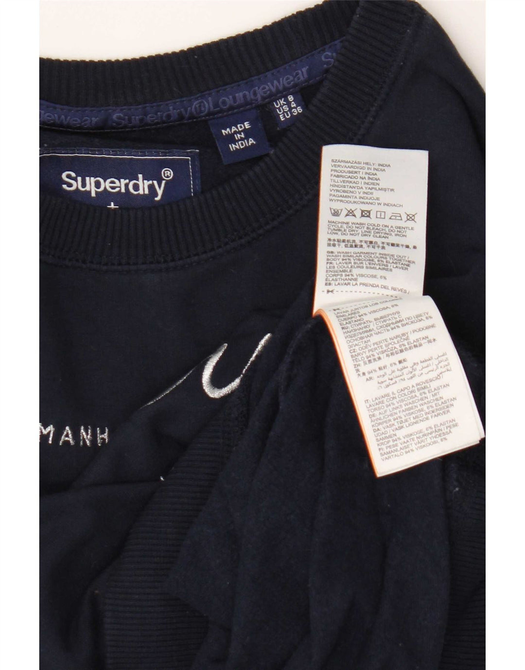 Felpa con grafica da donna Superdry, maglione UK 8 Small, viscosa blu navy