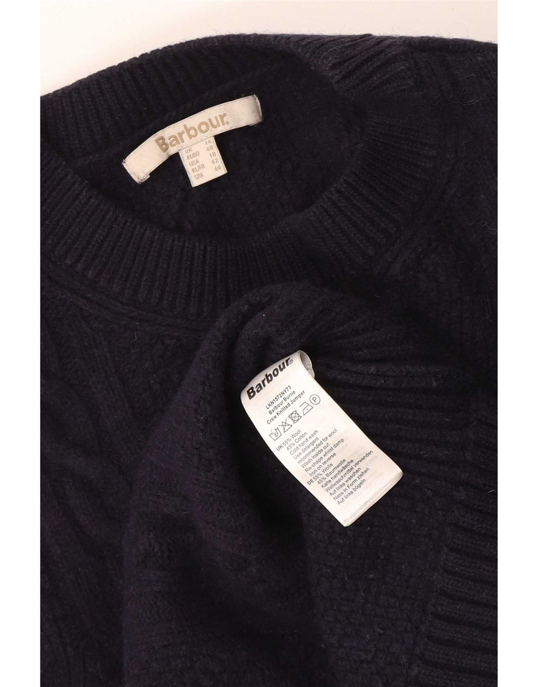 Maglione maglione girocollo da donna Barbour UK 14 grande lana blu navy