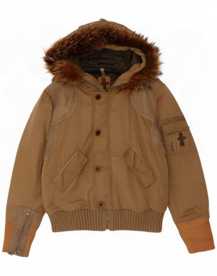 Giubbotto bomber con cappuccio vintage da uomo UK 40 grande marrone