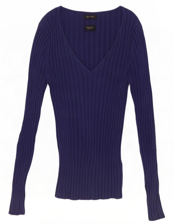 Maglione maglione da donna con scollo a V Massimo Dutti UK 8 piccolo cotone blu navy