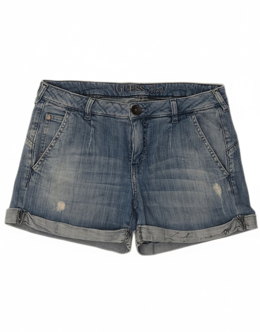 Pantaloncini di jeans invecchiati Guess da donna W28 cotone blu medio