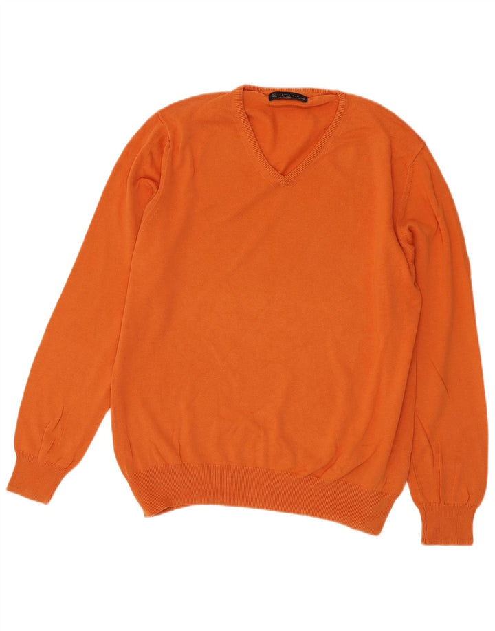 Maglione Zara da uomo con scollo a V grande in cotone arancione