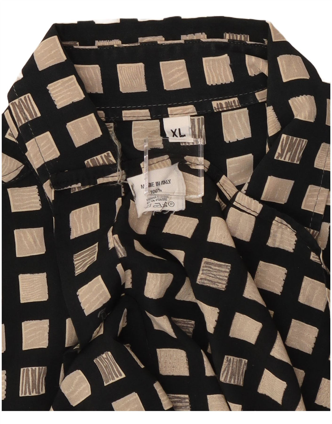 Camicia vintage da uomo a maniche corte XL in viscosa geometrica nera
