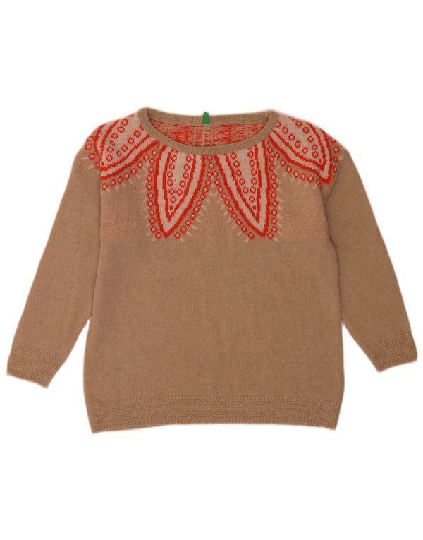 Benetton Womens Abstract Pattern Crew Neck Jumper Sweater UK 10 Small Beige