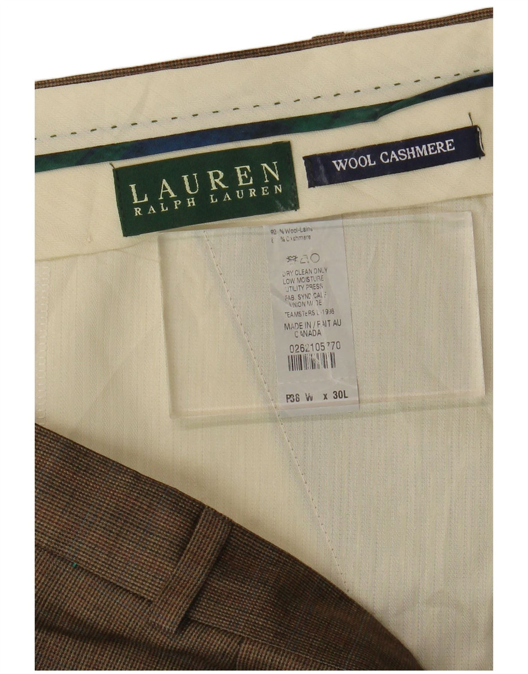 RALPH LAUREN Pantaloni da abito da uomo con pegging W38 L27 Lana pied de poule marrone