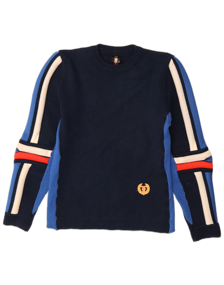 Maglione vintage da uomo girocollo IT 48 color block blu navy medio