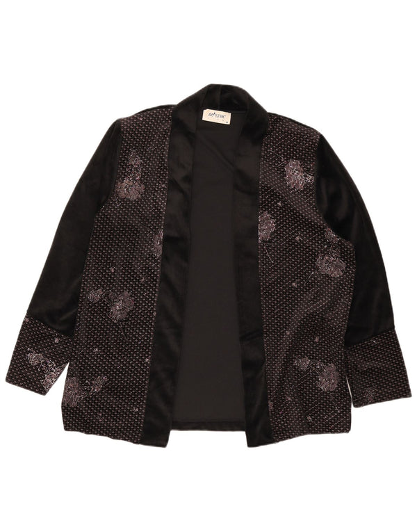 Giacca blazer aperta da donna vintage UK 14 poliestere floreale nero medio