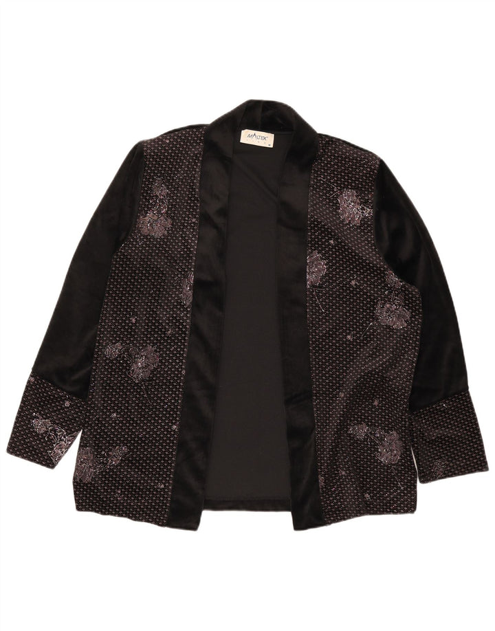 Giacca blazer aperta da donna vintage UK 14 poliestere floreale nero medio