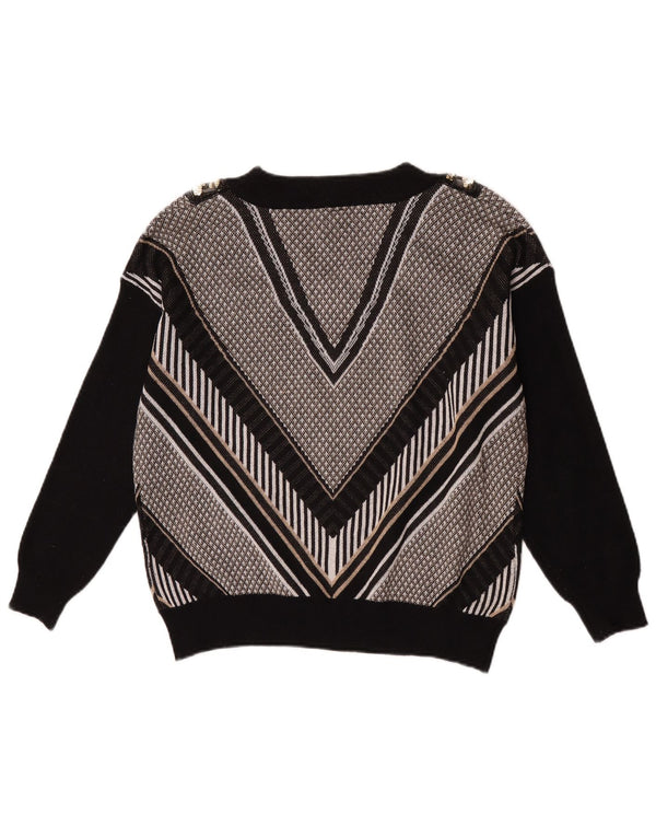 Maglione maglione vintage da donna con scollo a V UK 14 Grande poliestere a righe nere
