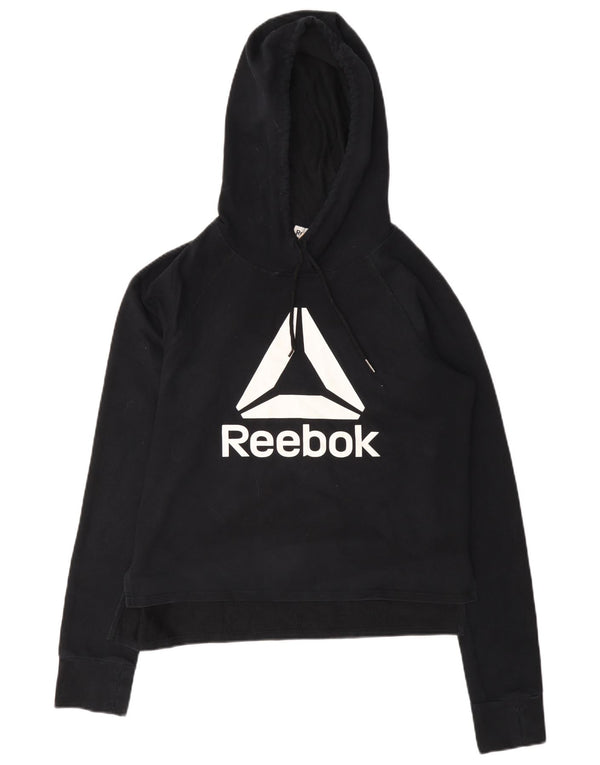Maglione con cappuccio grafico corto da donna Reebok UK 10 piccolo cotone nero