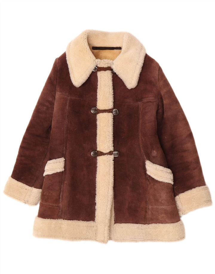 Cappotto in shearling vintage da donna UK 10 piccolo color block marrone