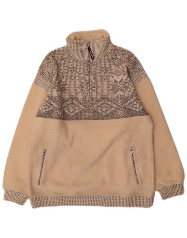 Maglione in pile vintage da uomo con zip e collo, grande poliestere Fair Isle beige