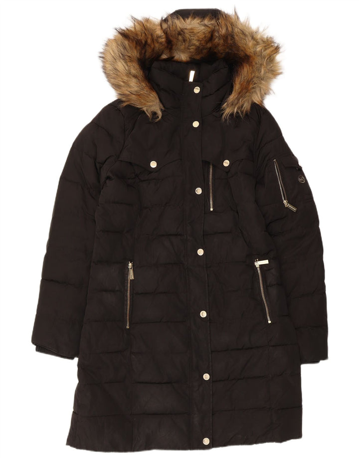 Cappotto imbottito con cappuccio da donna Michael Kors UK 14 poliestere nero medio