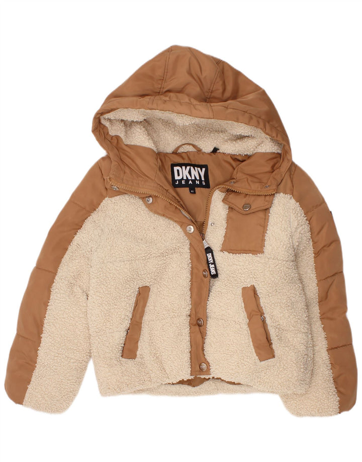 Giacca imbottita con cappuccio Dkny per ragazze 5-6 anni in poliestere color block marrone