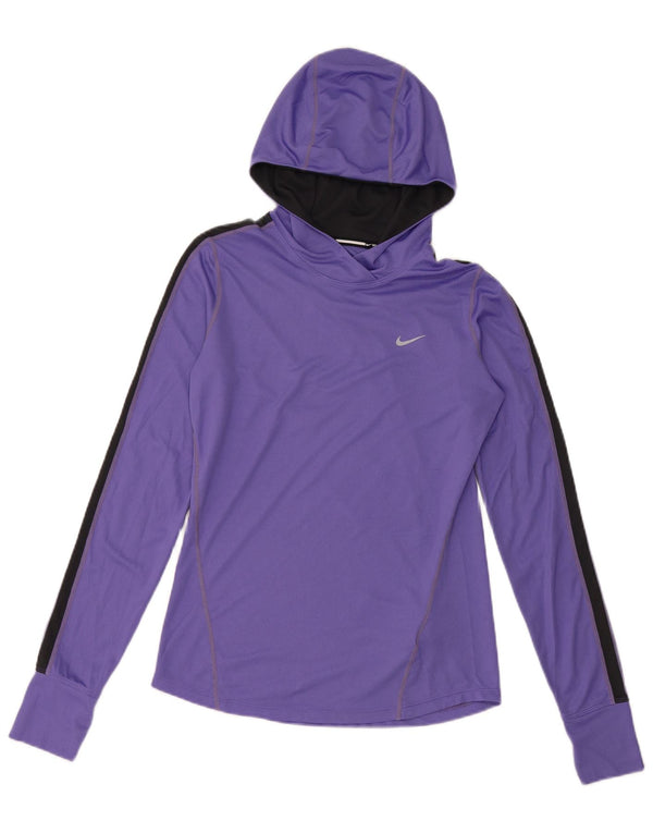 NIKE Top da donna Dri Fit con cappuccio a maniche lunghe UK 10 Small Purple Colourblock