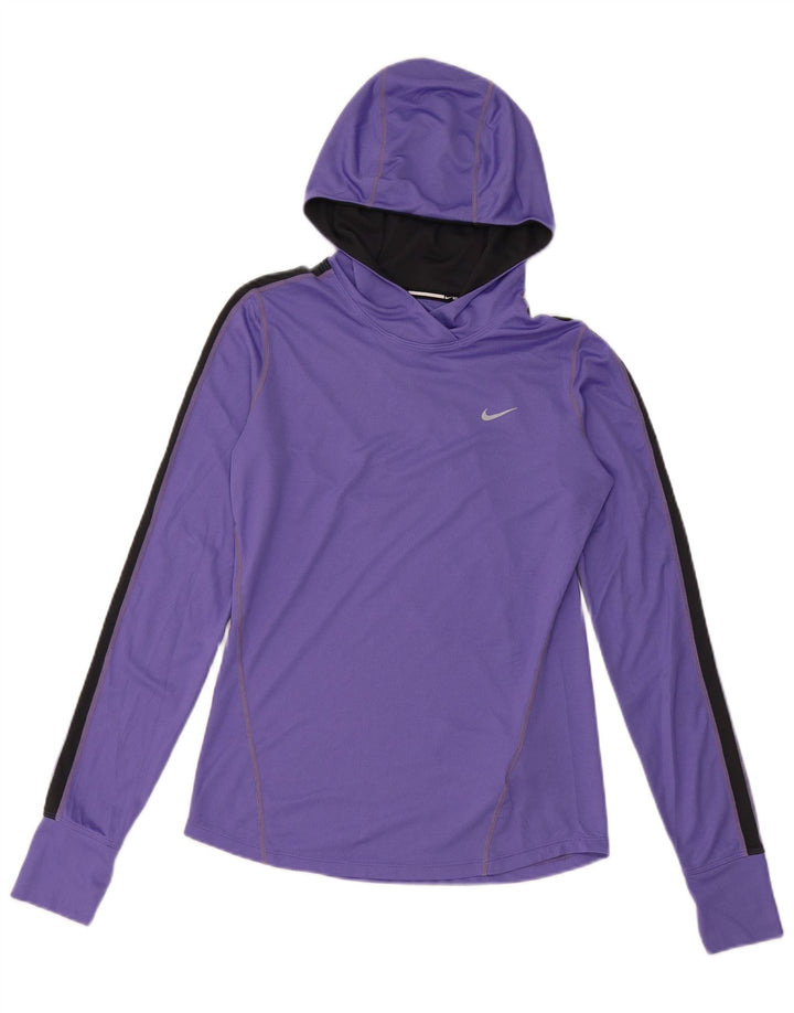 NIKE Top da donna Dri Fit con cappuccio a maniche lunghe UK 10 Small Purple Colourblock