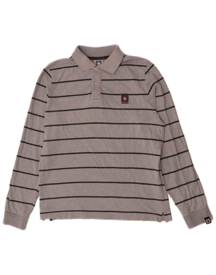 Polo da uomo a maniche lunghe Converse in cotone a righe grigio medio