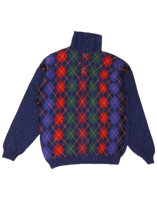 Maglione da uomo a collo alto Benetton IT 48 Small Blue Argyle/Diamond Wool