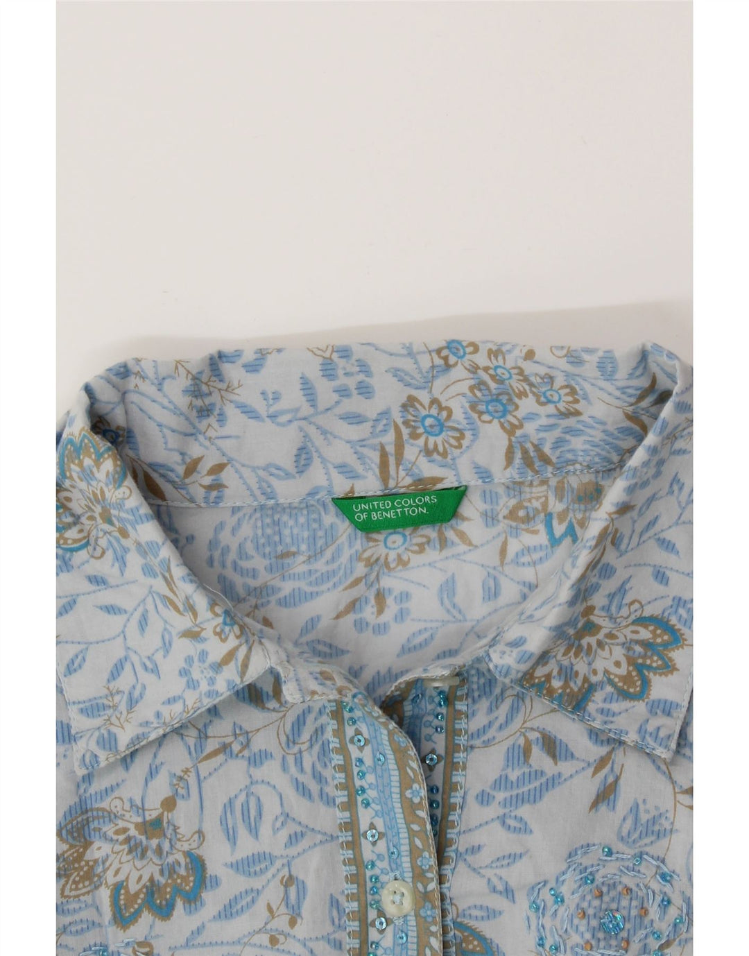 BENETTON Womens Shirt Blouse UK 10 Small Blue Floral Vintage Benetton and Second-Hand Benetton from Messina Hembry 
