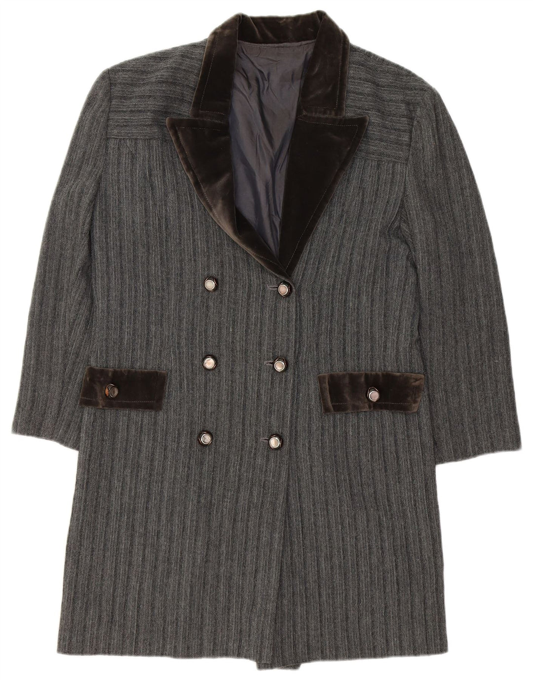 VINTAGE Womens Double Breasted Coat UK 16 Large Grey Striped