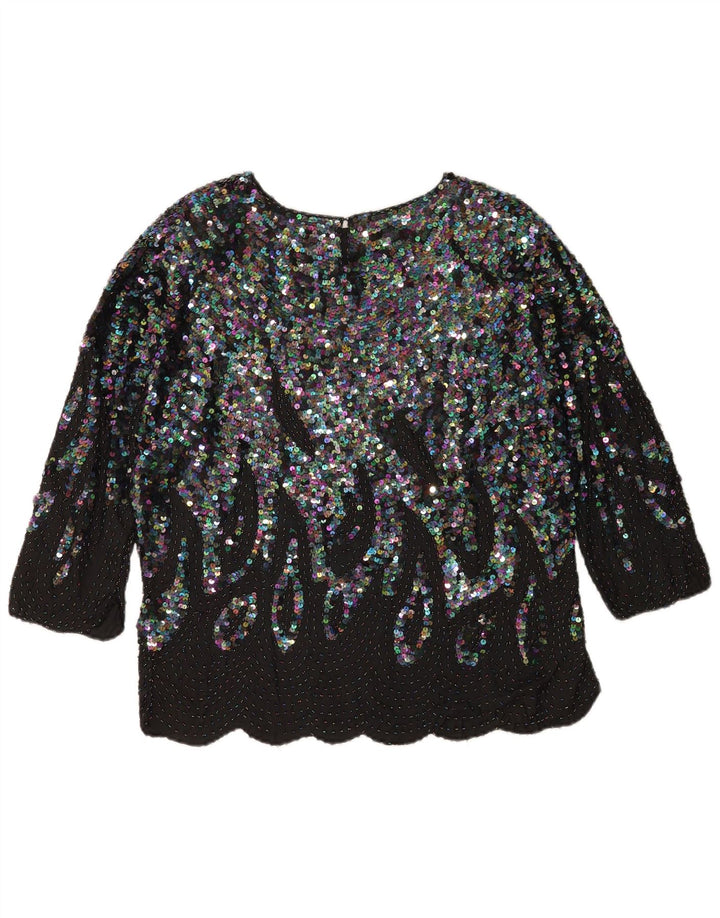 Camicetta vintage da donna con maniche a 3/4 con paillettes EU 48 2XL Seta nera