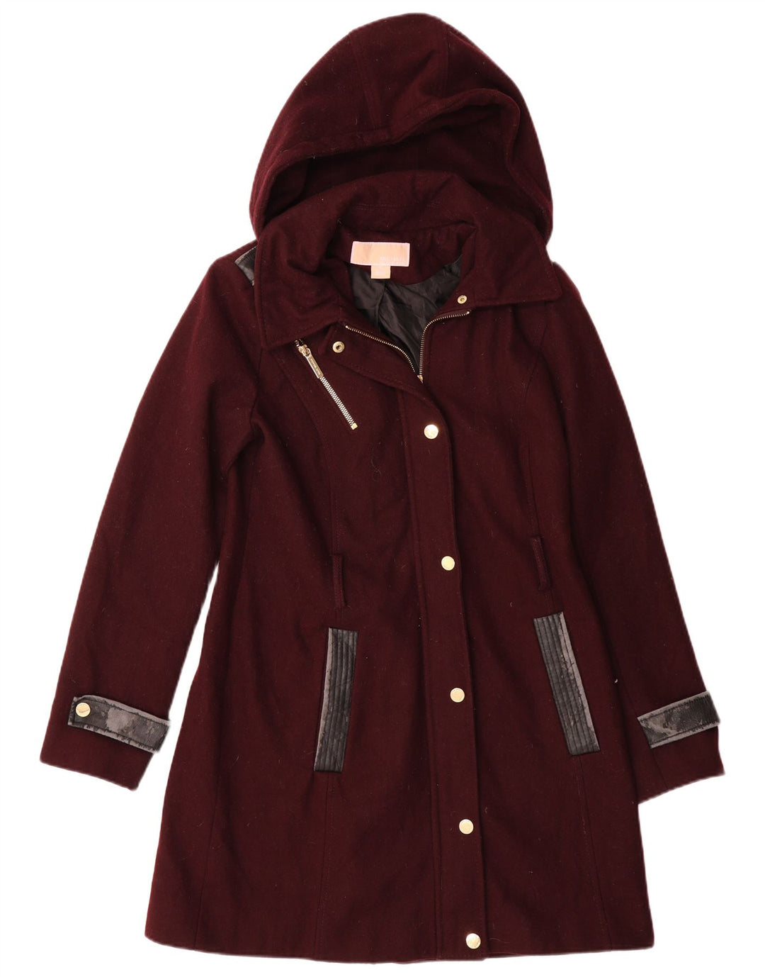 MICHAEL KORS Womens Hooded Overcoat UK 10 Small Burgundy Wool