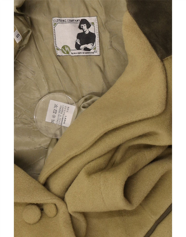 Giacca blazer doppiopetto vintage da donna UK 10 piccola lana kaki