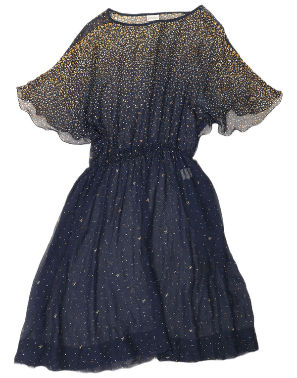 Abito maxi a pipistrello da donna VINTAGE UK 18 XL acetato maculato blu navy