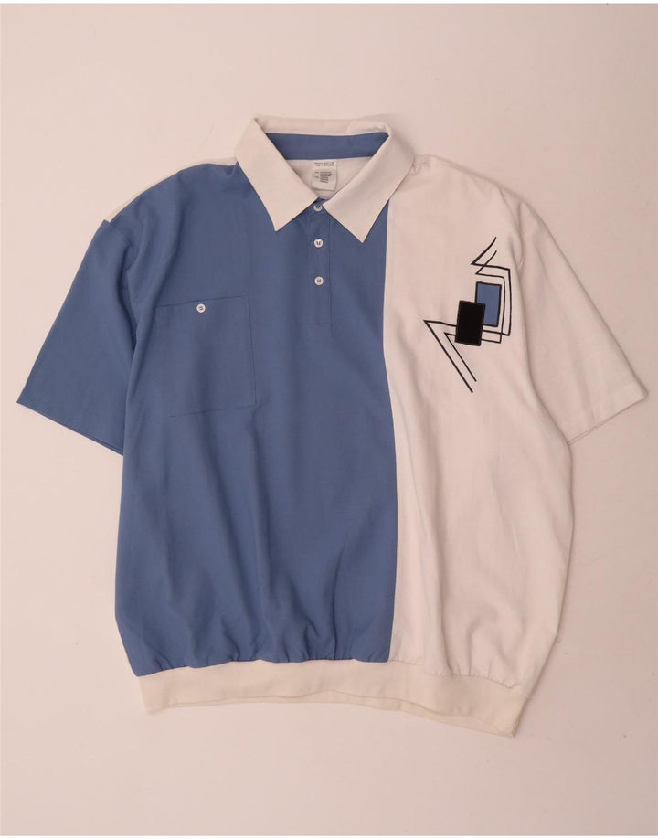 Camicia pullover grafica da uomo vintage UK 54/56 5XL Blue Colourblock