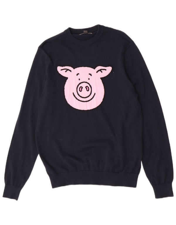 Maglione maglione girocollo da uomo Marks & Spencer medio blu navy con stampa animalier