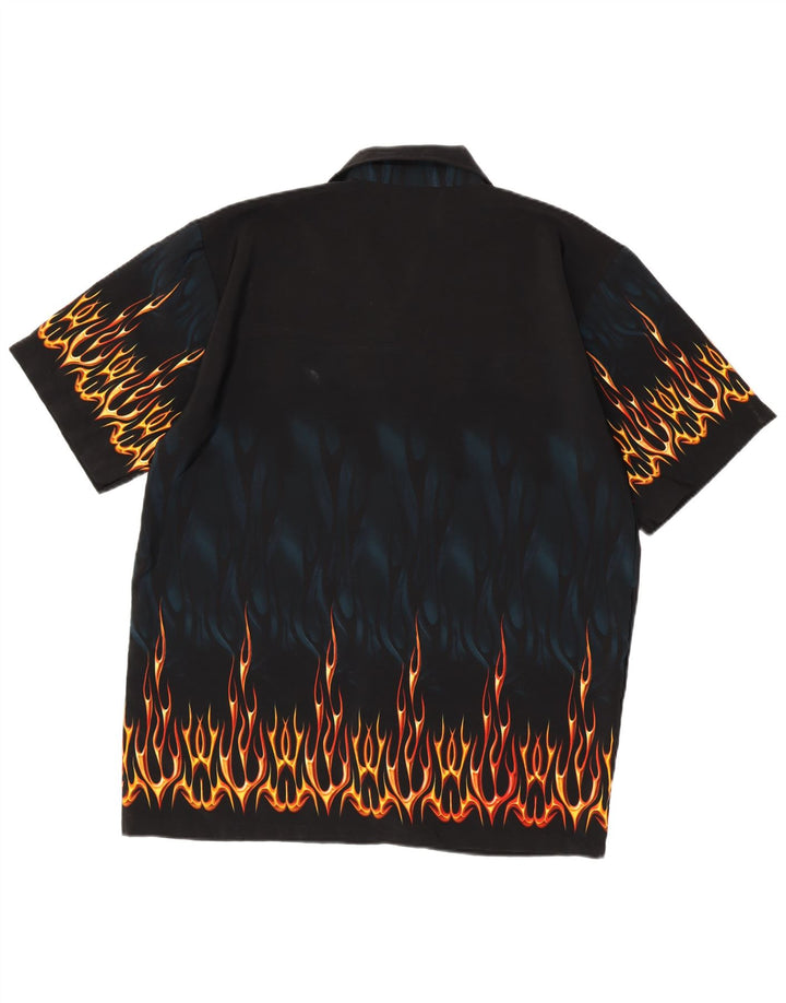 Camicia a maniche corte con motivo astratto vintage da uomo in poliestere nero medio