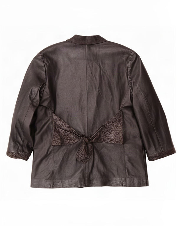 Giacca blazer in pelle aperta da donna vintage UK 16 grande stampa animalier marrone