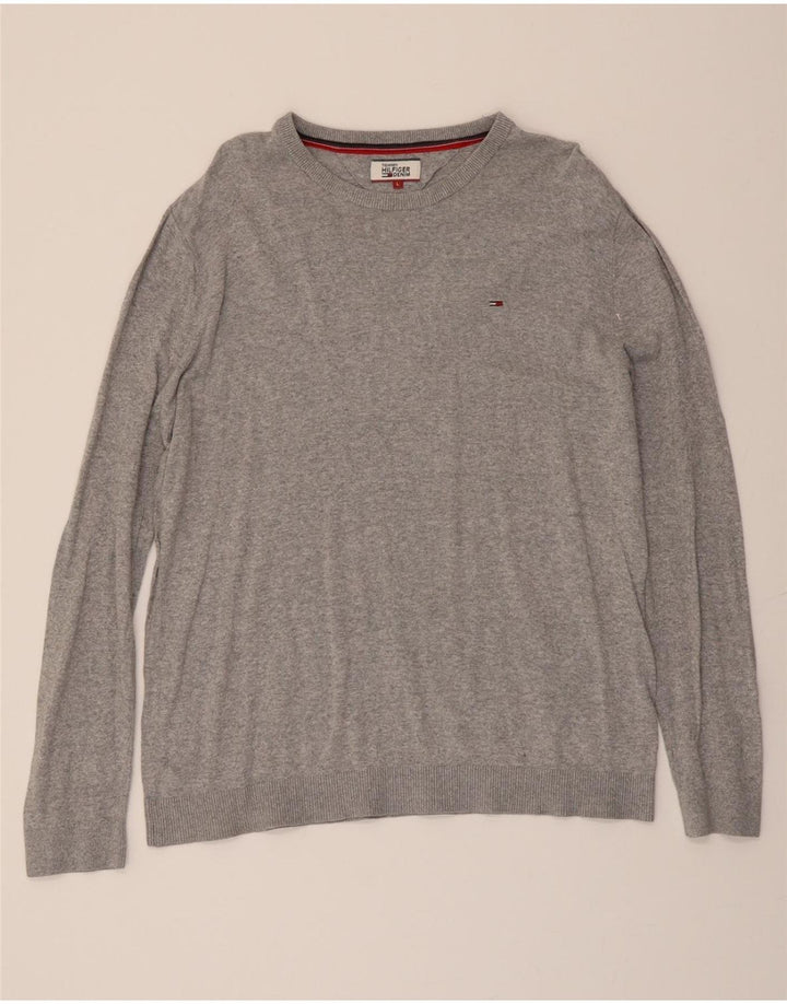 TOMMY HILFIGER Mens Boat Neck Jumper Sweater Large Grey Cotton Vintage Tommy Hilfiger and Second-Hand Tommy Hilfiger from Messina Hembry 