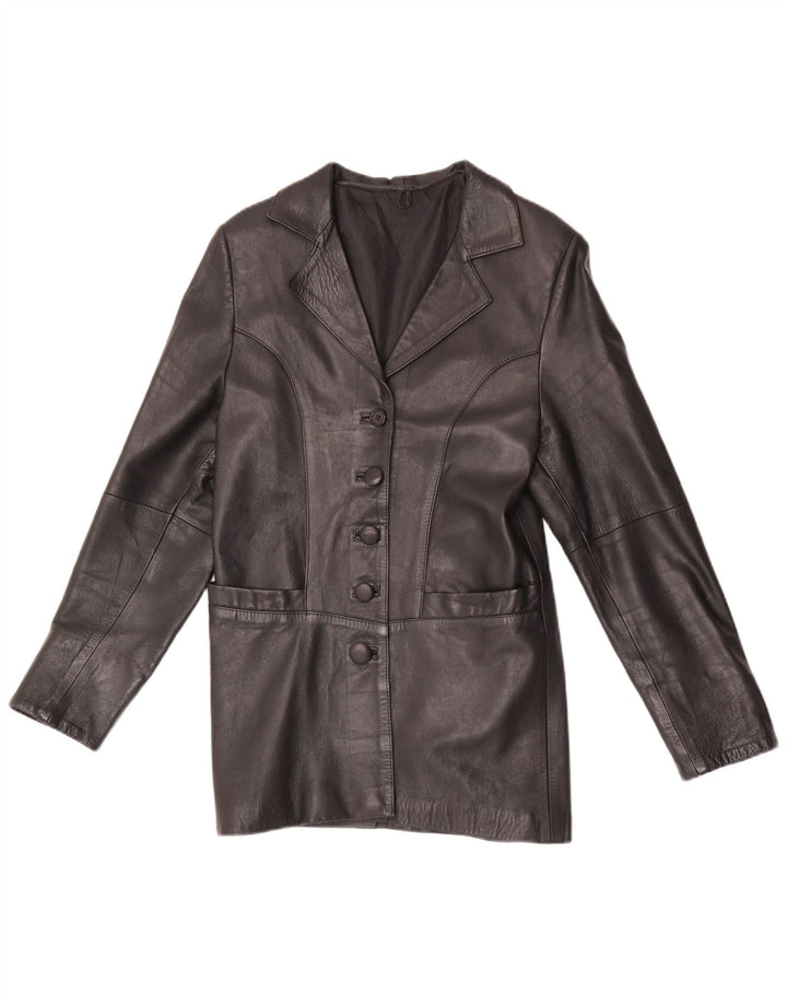 Giacca blazer in pelle vintage da donna a 5 bottoni UK 8 piccola nera