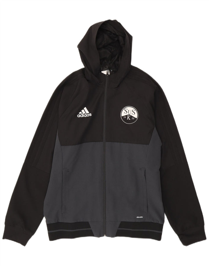Giacca da ginnastica da uomo con cappuccio grafico Adidas, color block medio nero