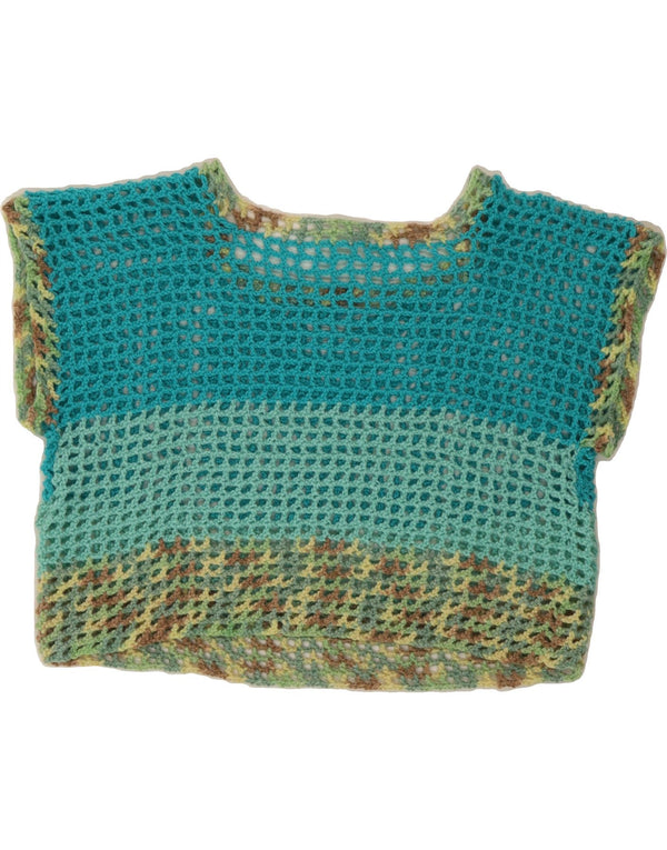 VINTAGE Womens Crop Crochet Cardigan Top UK 14 Large Turquoise Striped