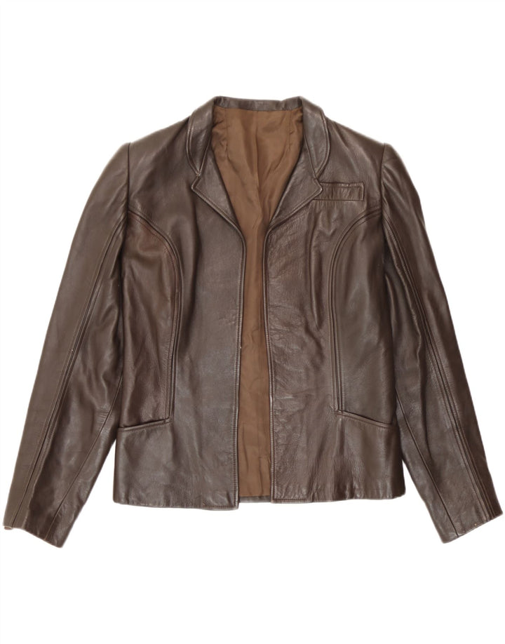 Giacca blazer aperta in pelle da donna vintage UK 10 piccola marrone