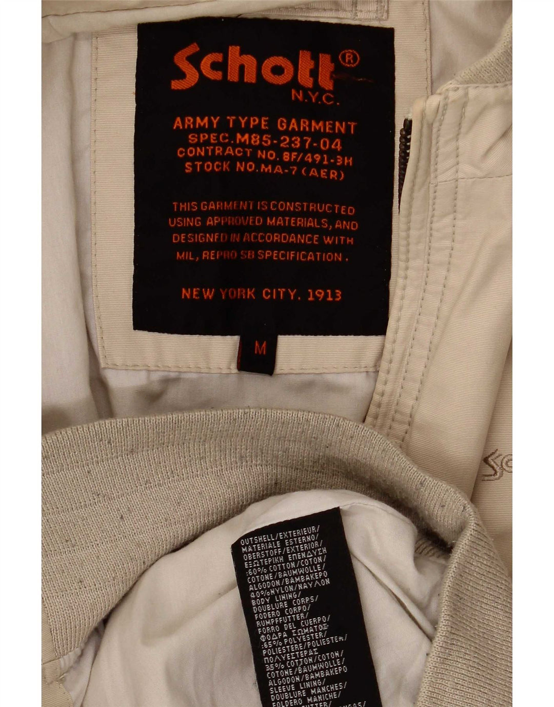 Giubbotto bomber militare da uomo Schott UK 38 Cotone beige medio