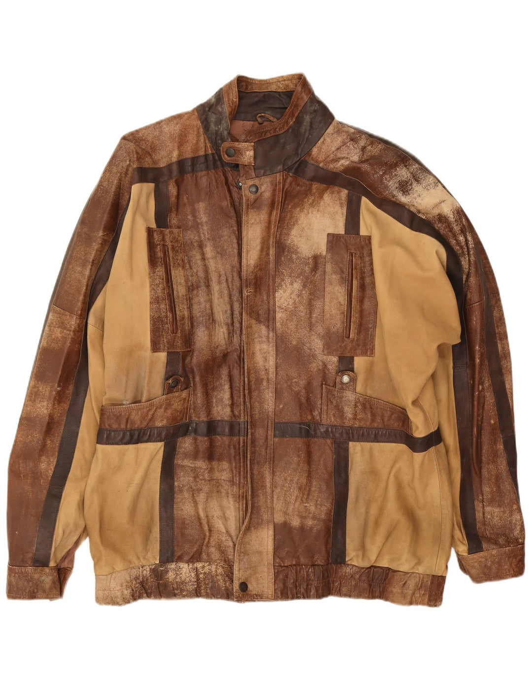 Giacca in pelle vintage da uomo UK 44 2XL Patchwork marrone