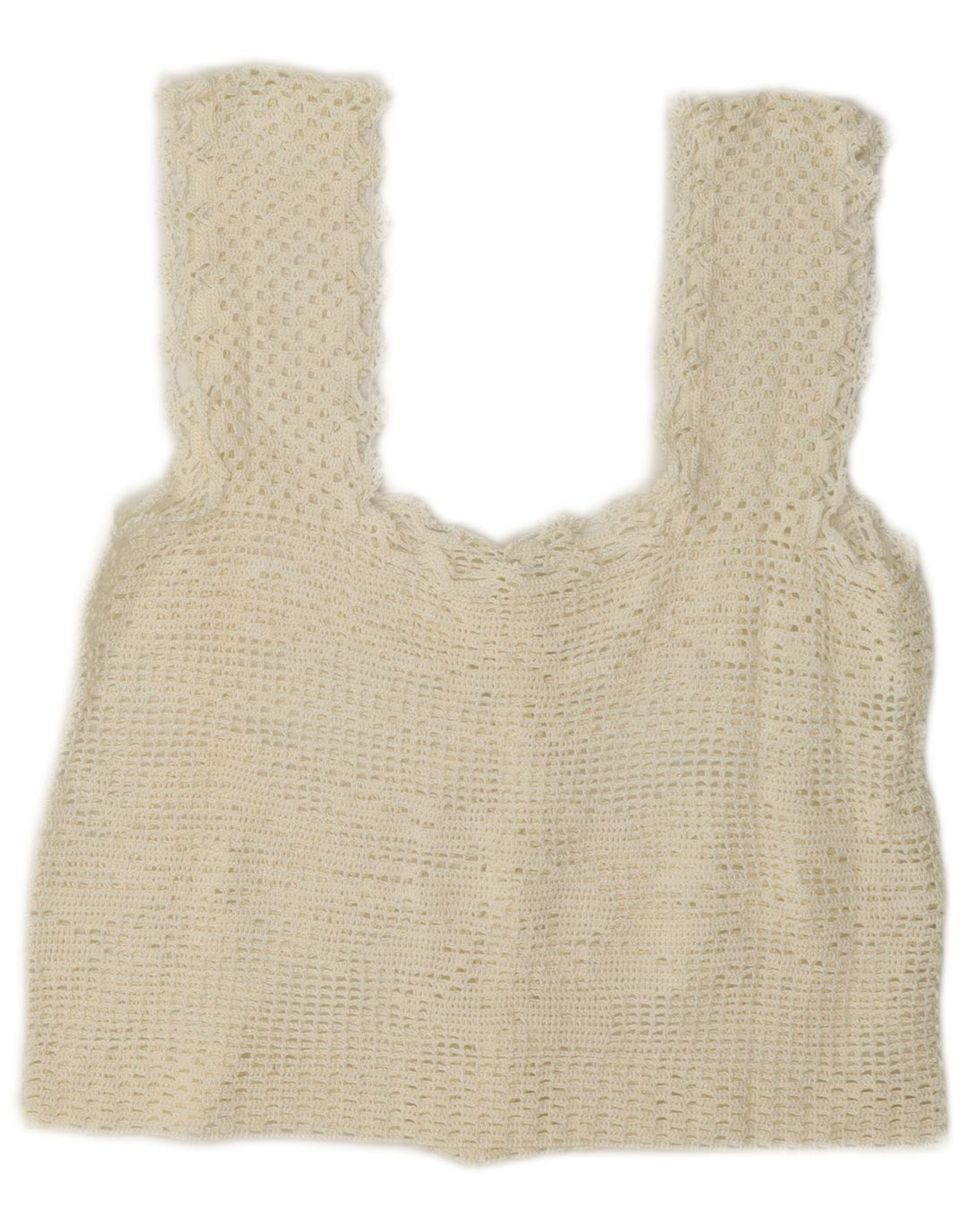 Top corto senza maniche vintage da donna all'uncinetto UK 12 medio bianco sporco