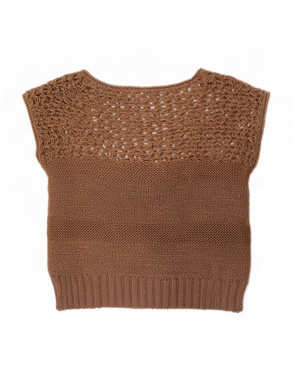 Maglione da donna vintage a maniche corte con scollo a barca UK 10 piccolo marrone